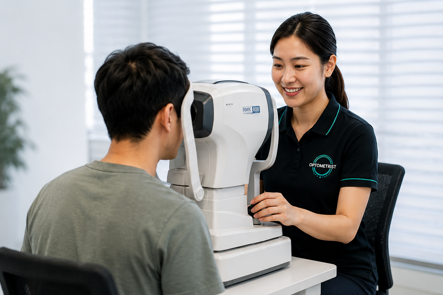 Optometrist conducting an on-site eye check for a worker
