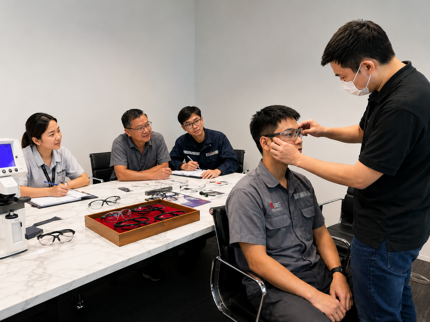 Worker fitting and consultation for prescription safety goggles